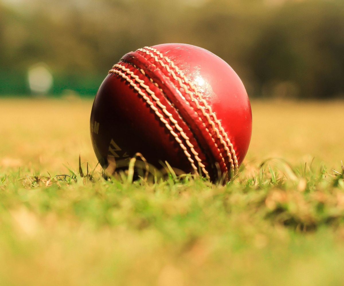 A red cricket ball resting on sunlit outfield grass, with trees blurred behind